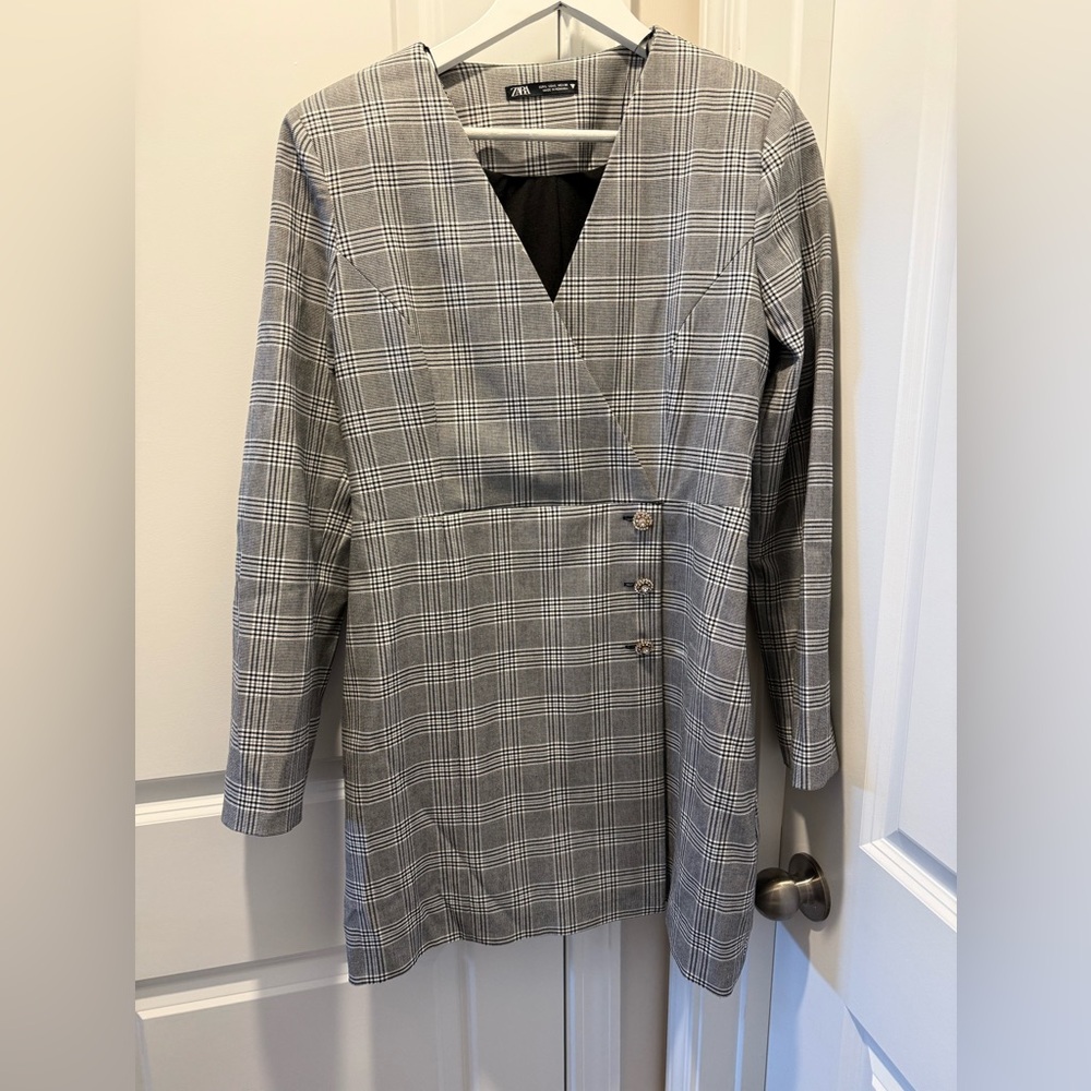 Zara Plaid Jeweled Mini Blazer Dress
